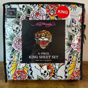 New Ed Hardy King 6 Pc Double Brushed Sheet Set Blue Rose Skull Bedding Y2K